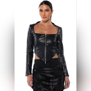 Akira Baddie Faux Leather Square Neck Zip Front Top M